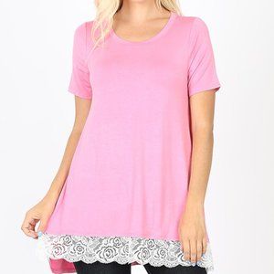 Short Sleve Lace Trim Hi-Low Hem
